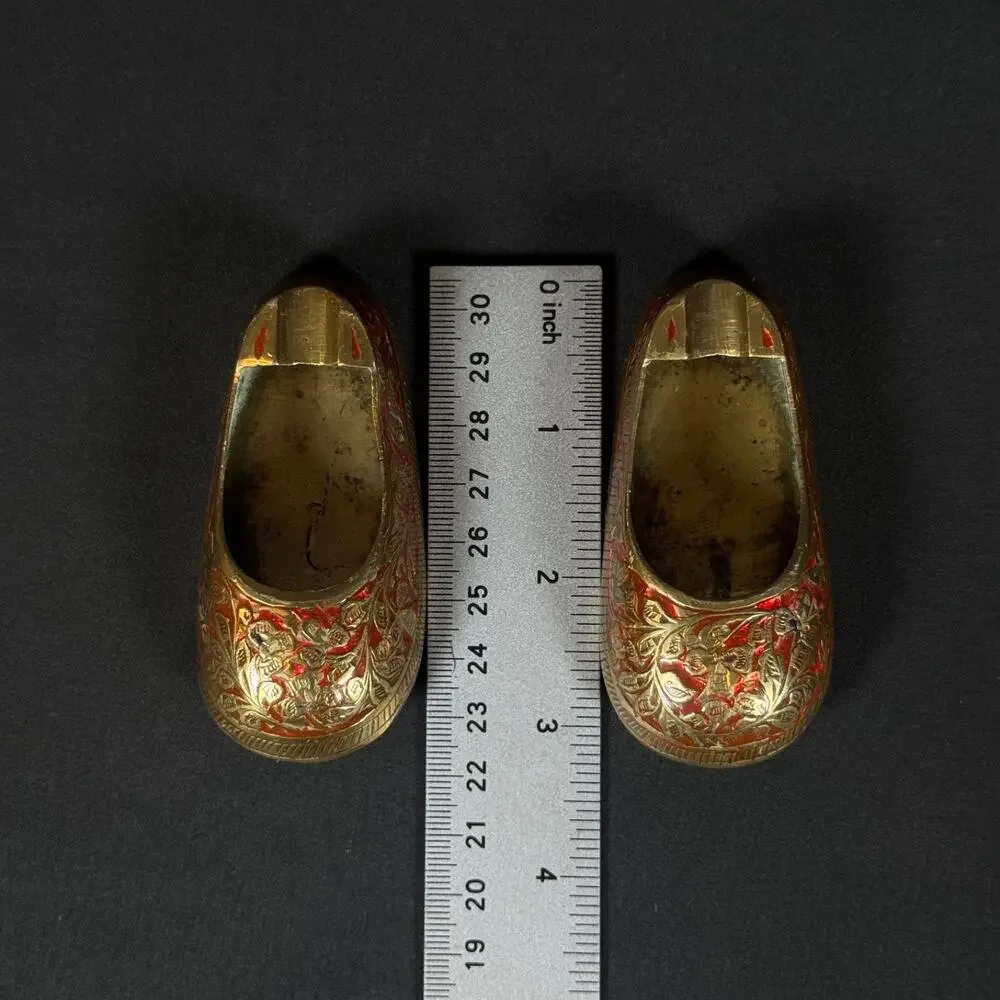 Lot of 2 Brass Slipper Ashtray Enamel Floral Design Cigarette Shoes India